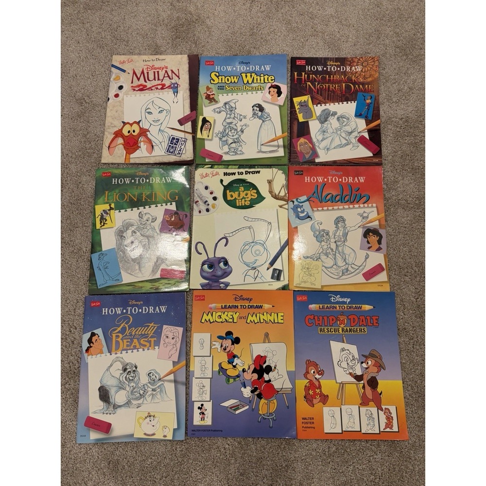 9 How to Draw Walter Foster Disney Books Mickey, Beauty, Lion King Etc 1990s Lot